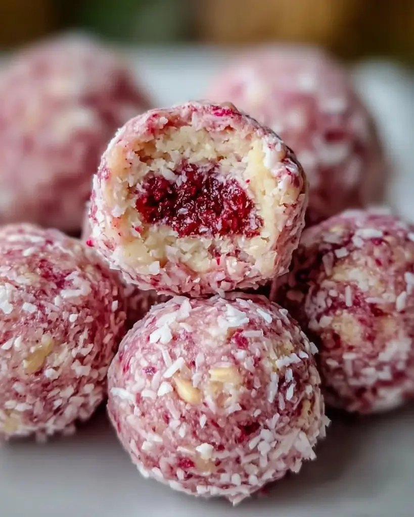 Homemade Strawberry Cheesecake Protein Balls on a white plate
