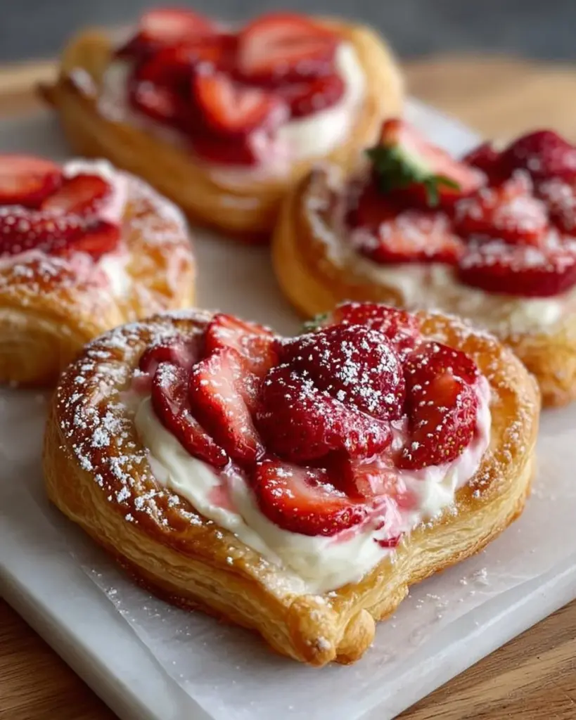 Heart-shaped Strawberry Cream Cheese Danishes on a plate