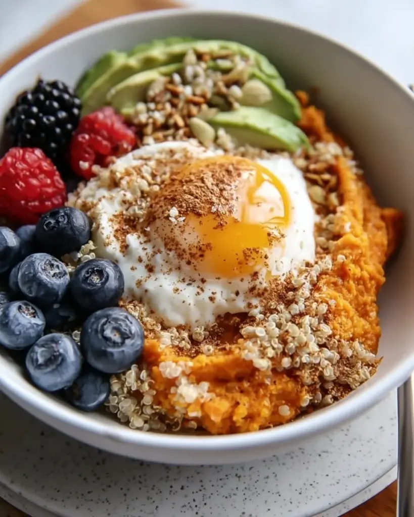 Healthy sweet potato breakfast bowls topped with fresh ingredients
