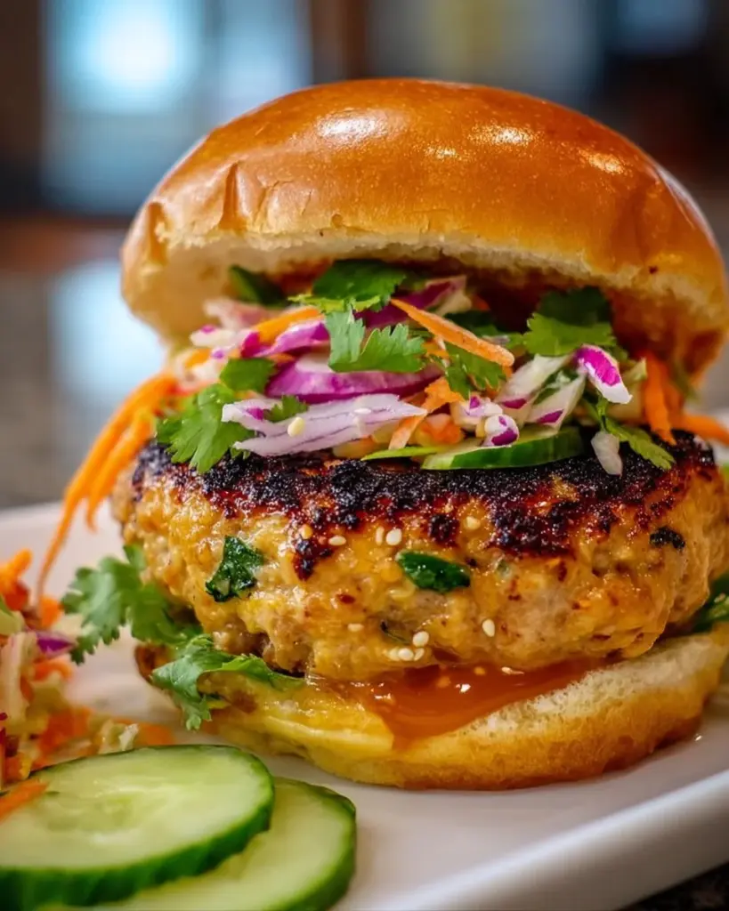 Deliciously grilled Thai Peanut Turkey Burgers served with fresh toppings.