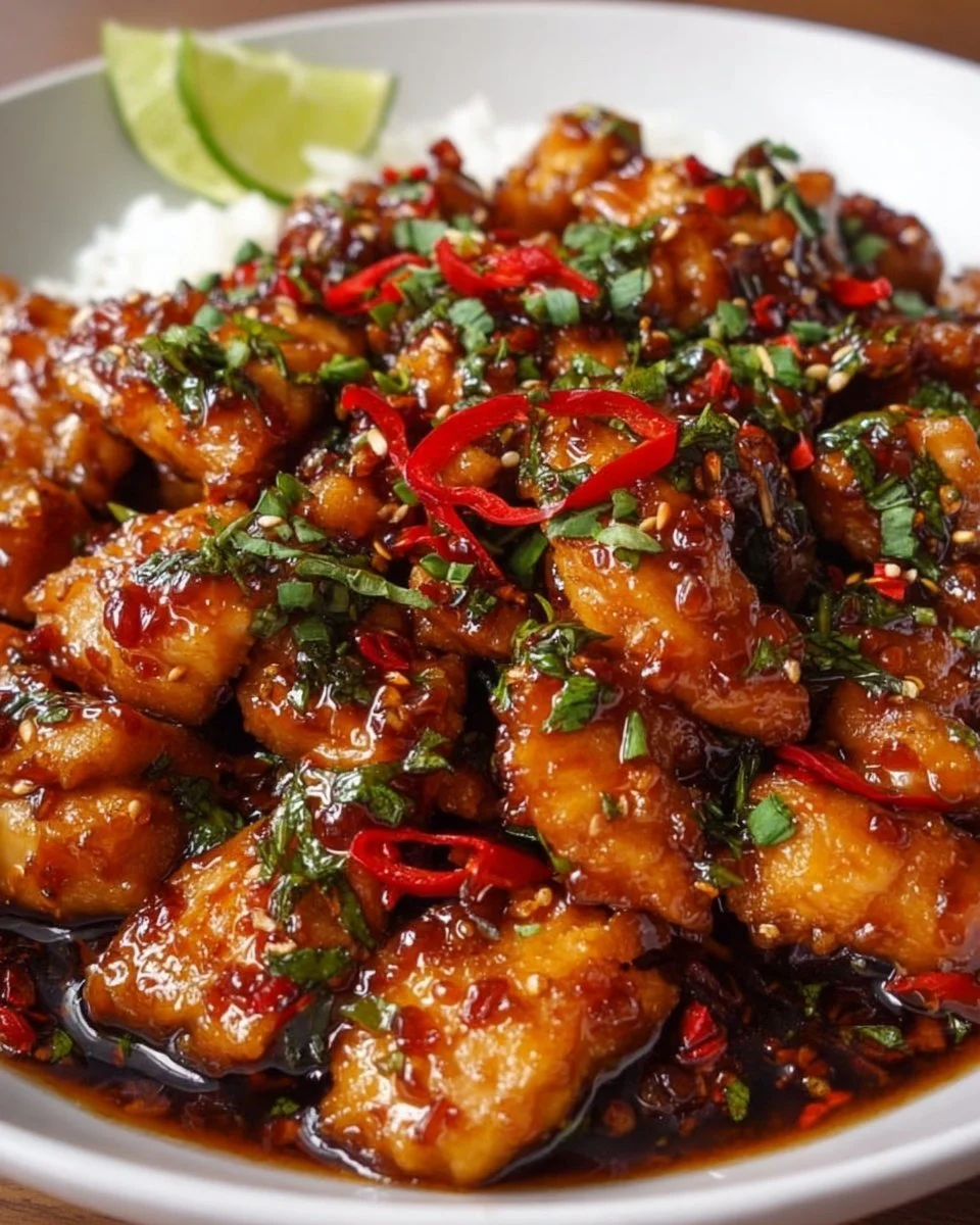 Delicious plate of Thai Sweet Chili Chicken garnished with fresh herbs.