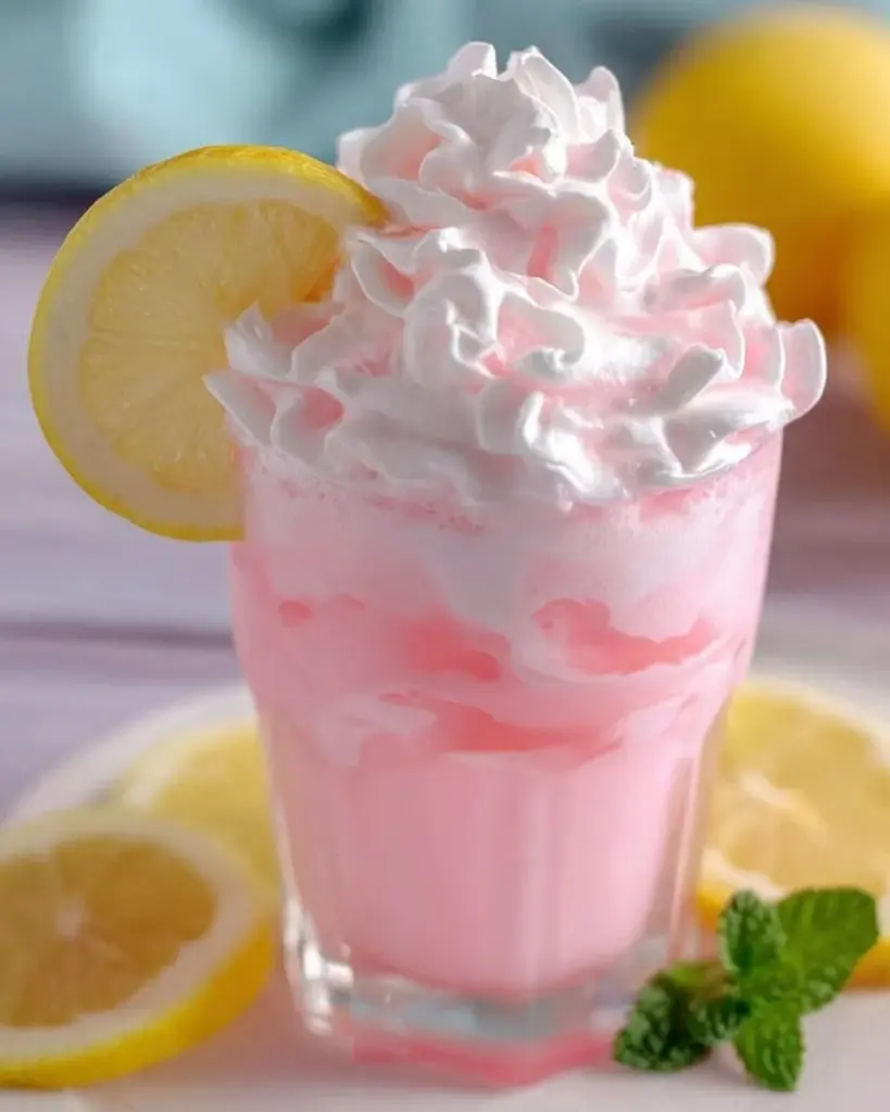 A refreshing glass of whipped pink lemonade with a slice of lemon on top.