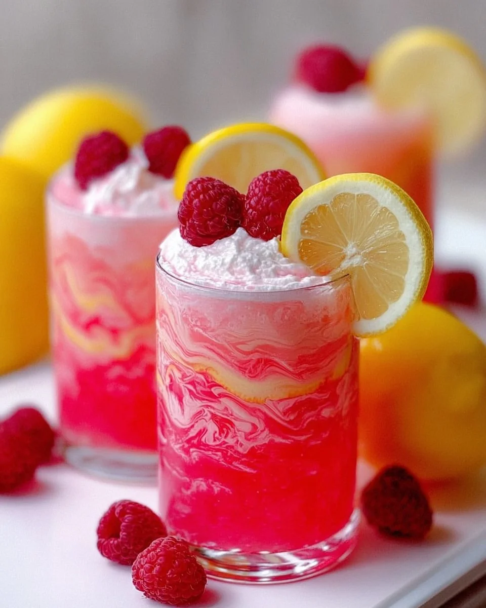 Delicious whipped pink lemonade in a glass, topped with whipped cream and cherries