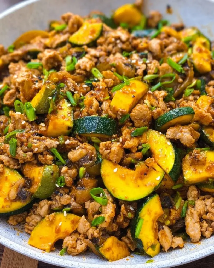 Colorful bowl of Asian-inspired ground chicken stir fry with vegetables.