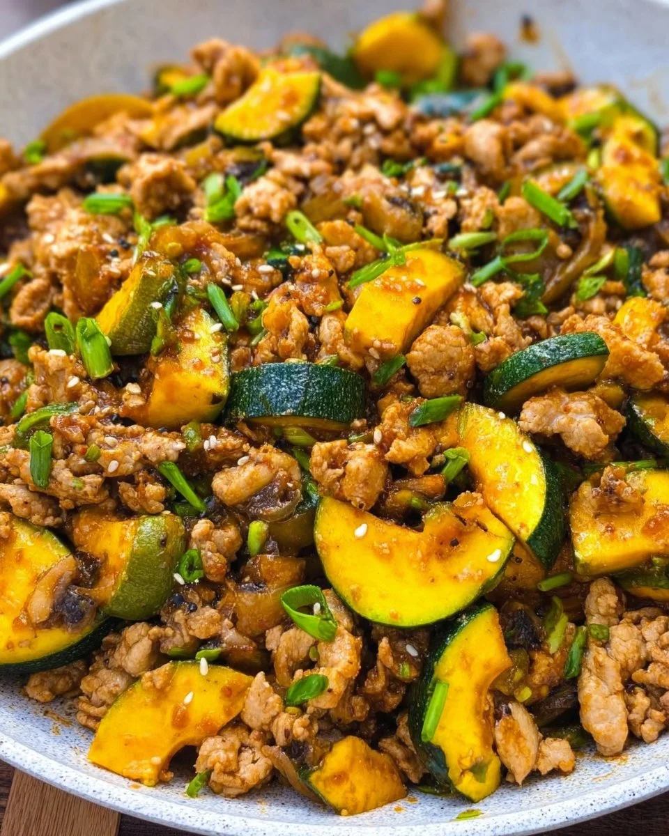 Colorful bowl of Asian-inspired ground chicken stir fry with vegetables.