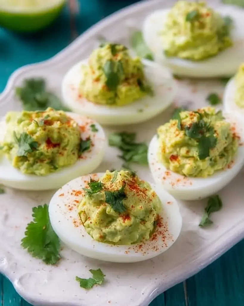 Plate of creamy avocado deviled eggs garnished with paprika and herbs