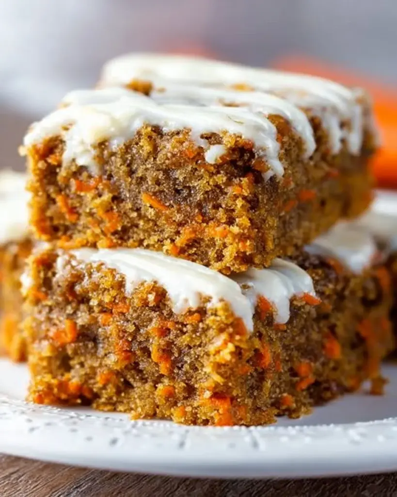 Delicious carrot cake bars topped with cream cheese frosting