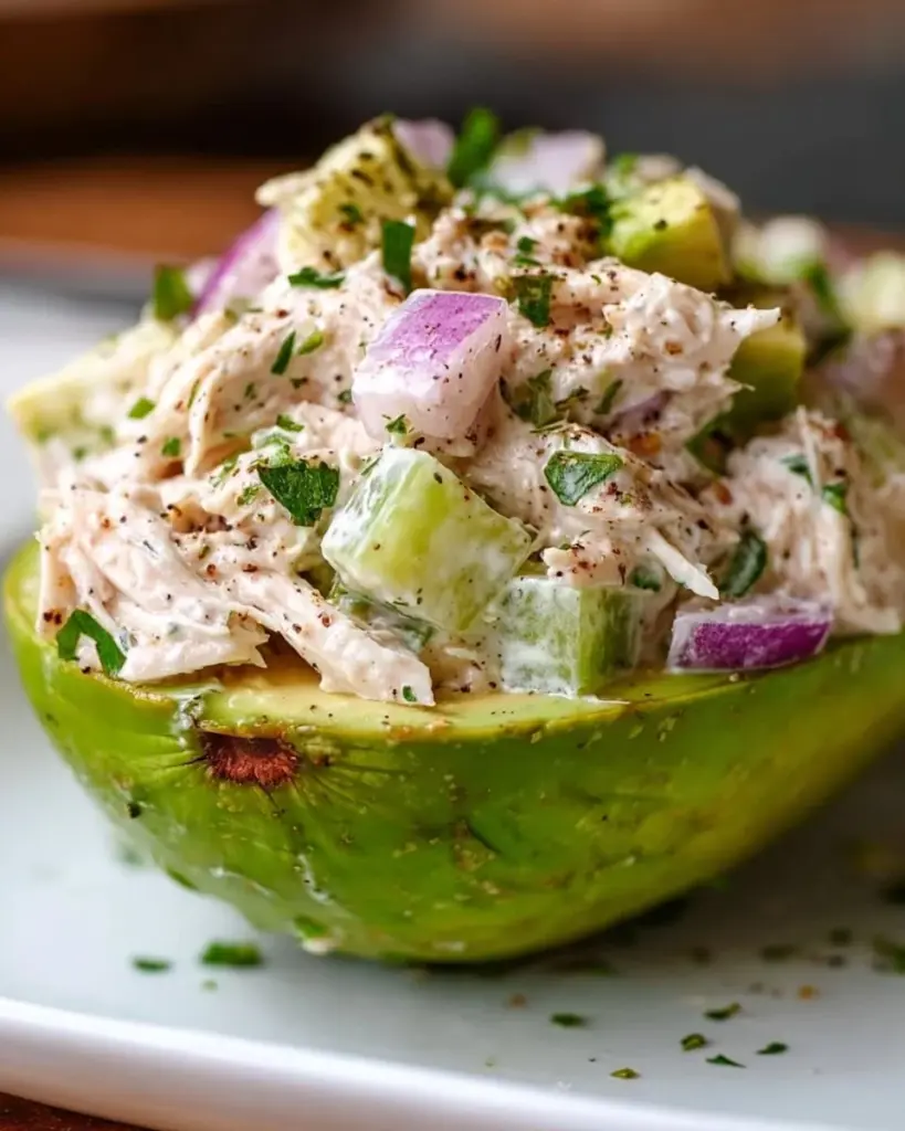 Chicken salad stuffed avocado recipe highlighting healthy ingredients