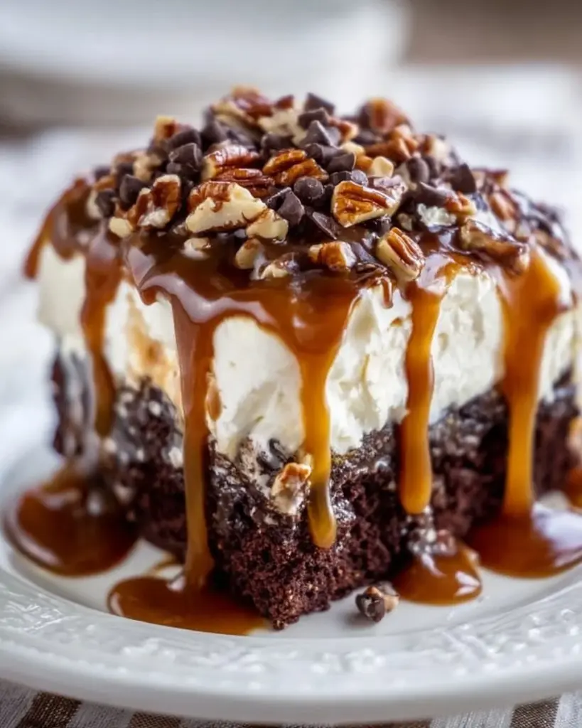 Delicious Chocolate Turtle Cake topped with caramel and pecans
