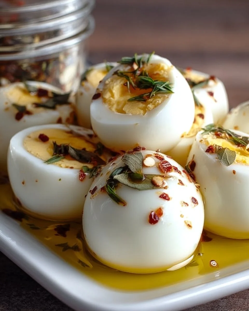 Classic pickled eggs in a jar with spices