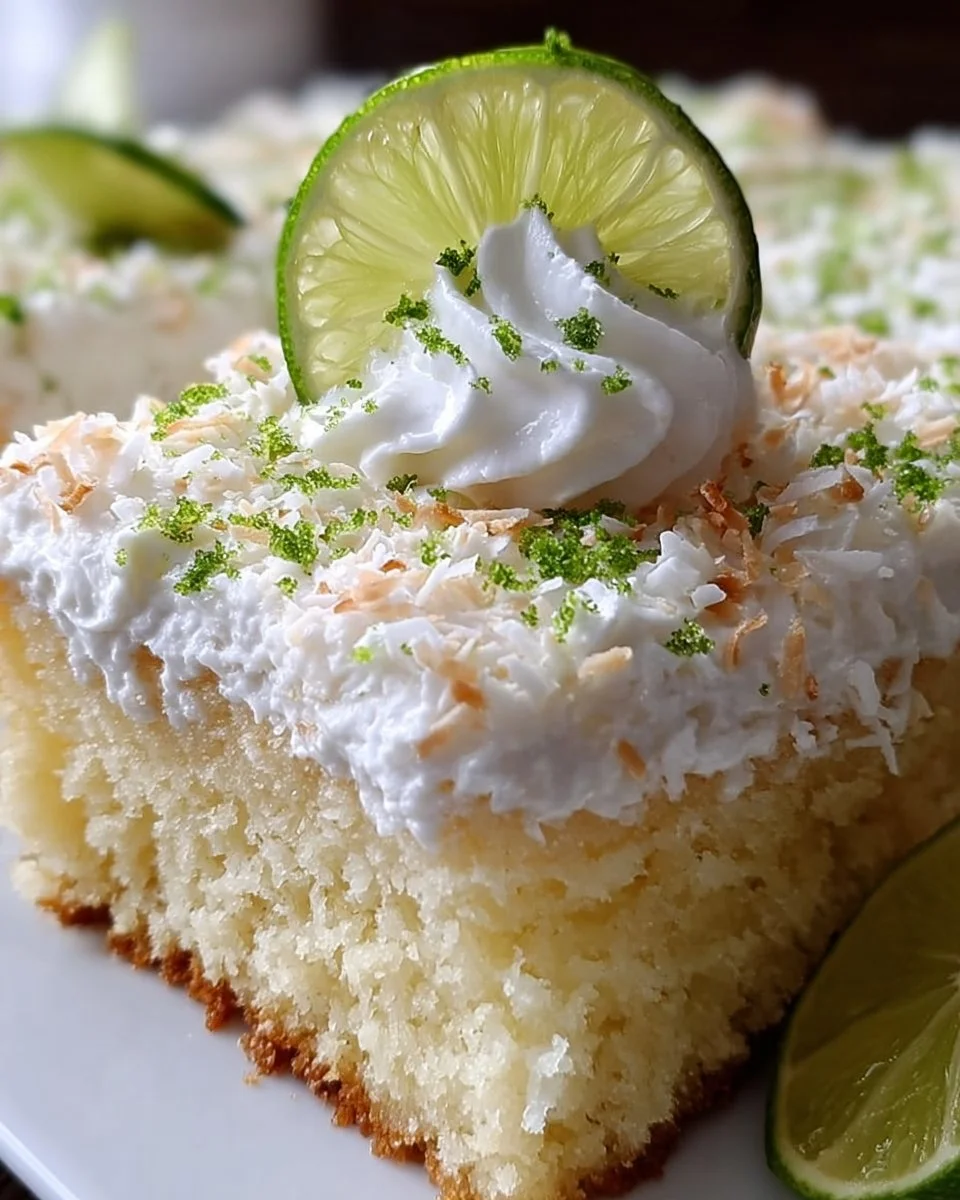 A delicious Coconut Lime Poke Cake topped with coconut flakes and lime zest.