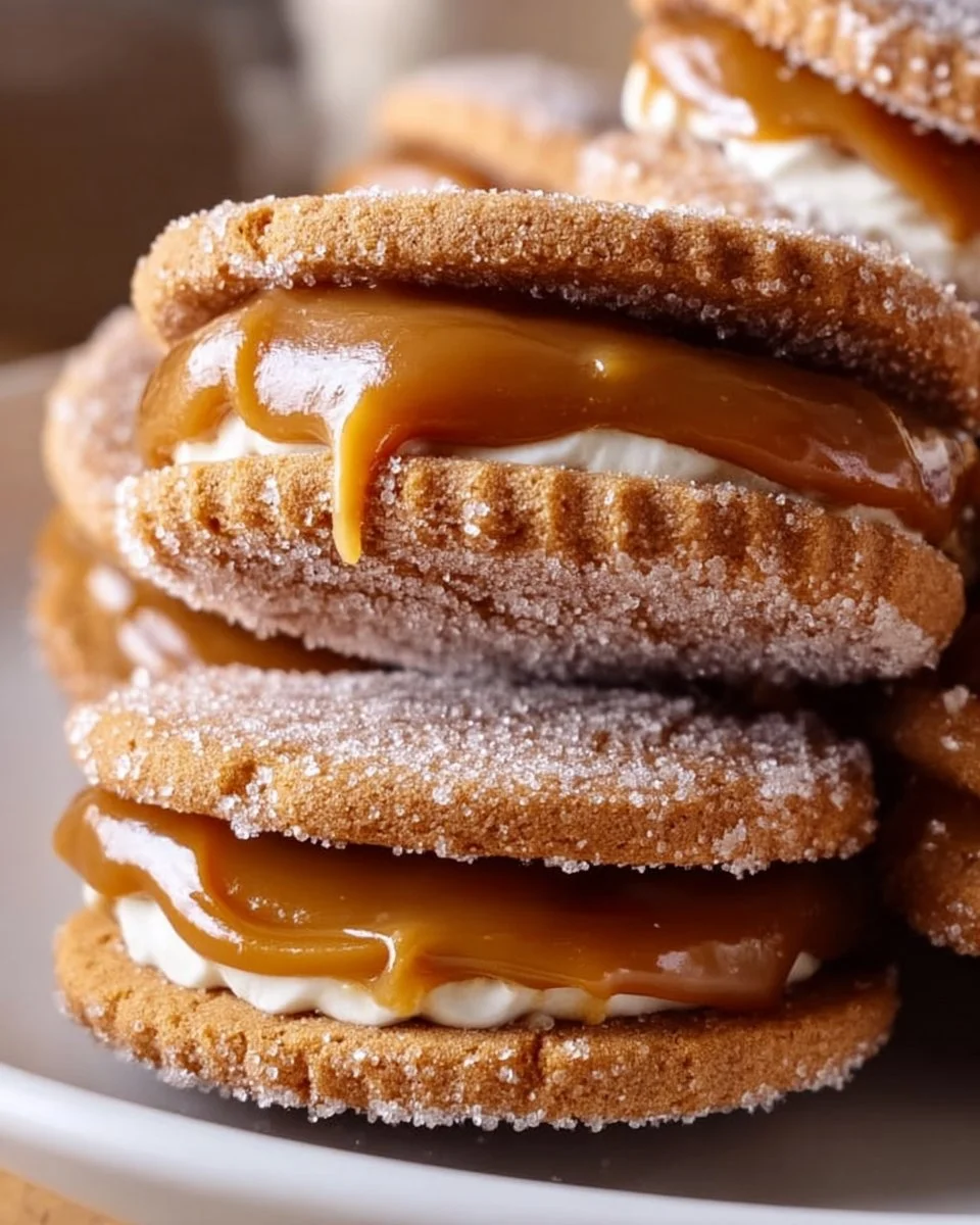 Easy Dulce de Leche cinnamon sandwich cookies arranged on a plate.