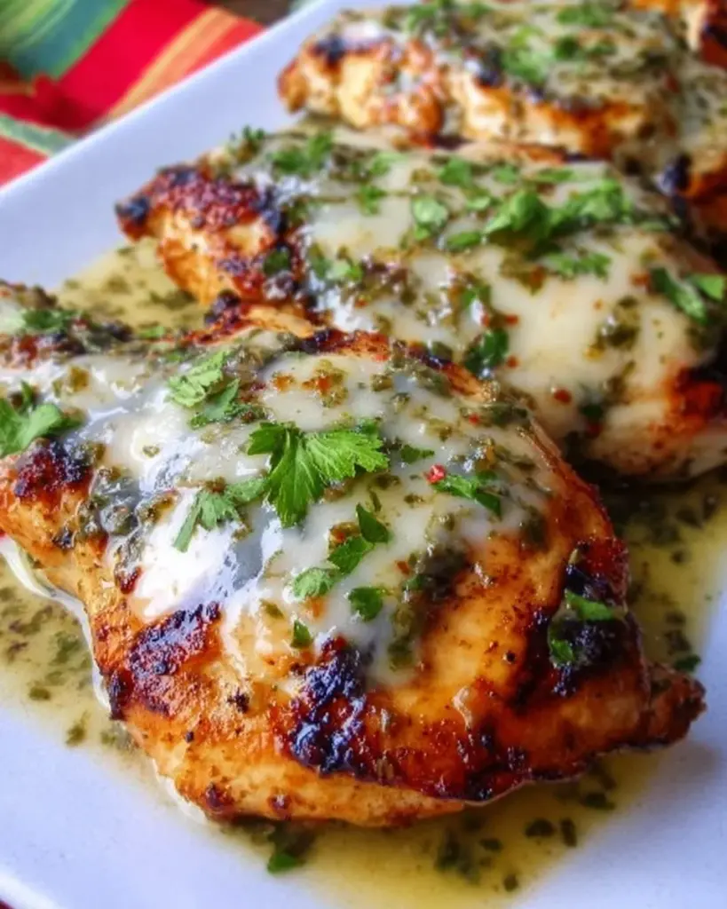 Delicious grilled chicken garnished with green sauce on a plate