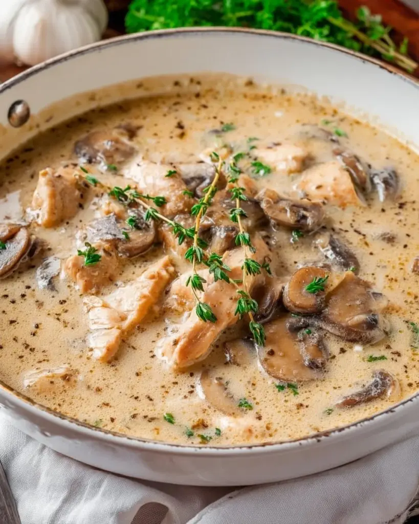 Bowl of homemade chicken mushroom soup with fresh herbs and vegetables