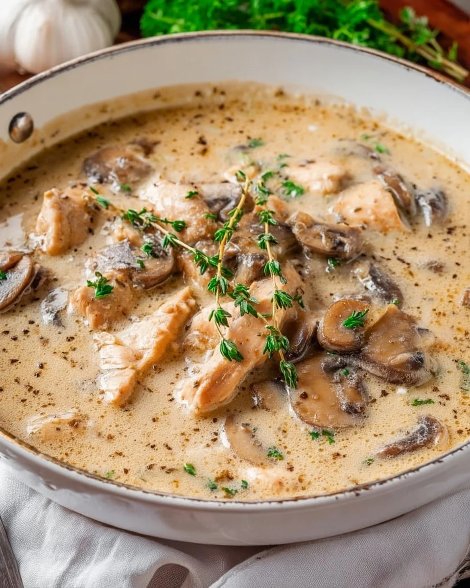Bowl of homemade chicken mushroom soup with fresh herbs and vegetables