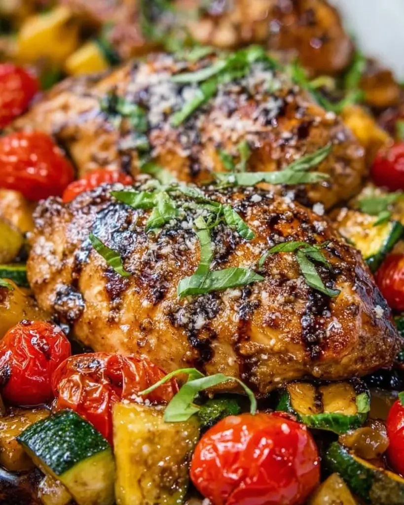 Italian sheet pan chicken with colorful veggies on a baking sheet