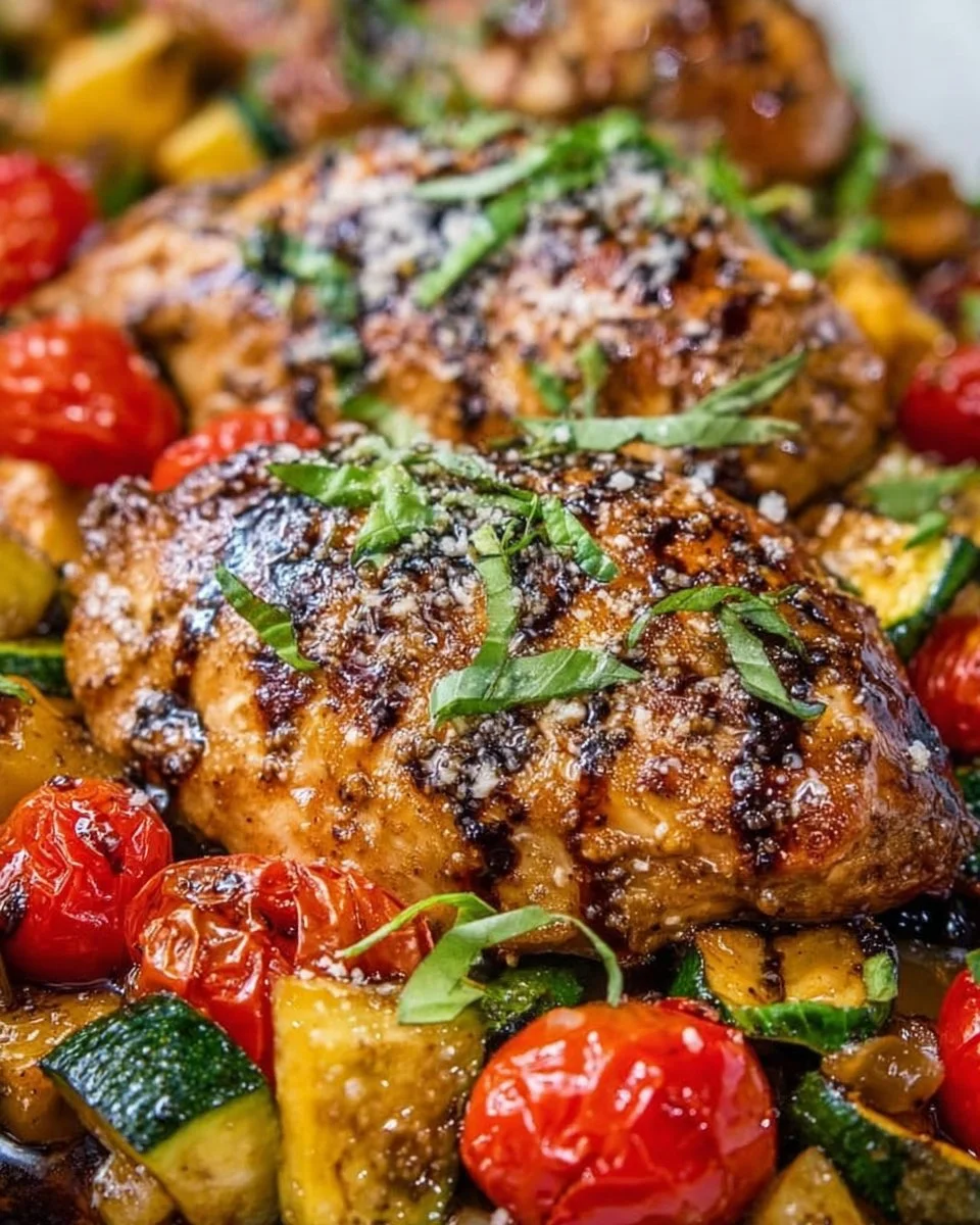 Italian sheet pan chicken with colorful veggies on a baking sheet
