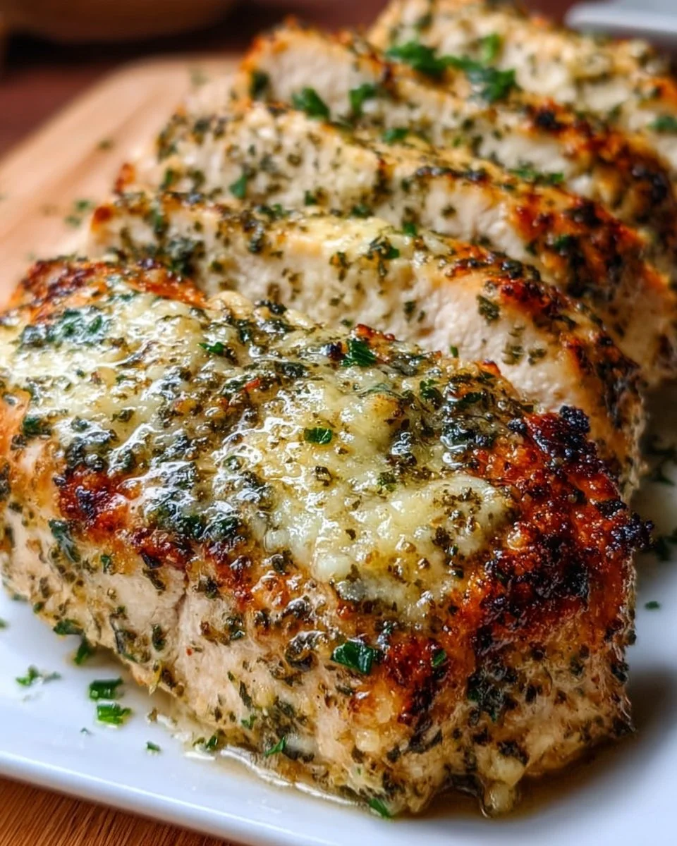 Delicious garlic parmesan chicken served on a plate with herbs.