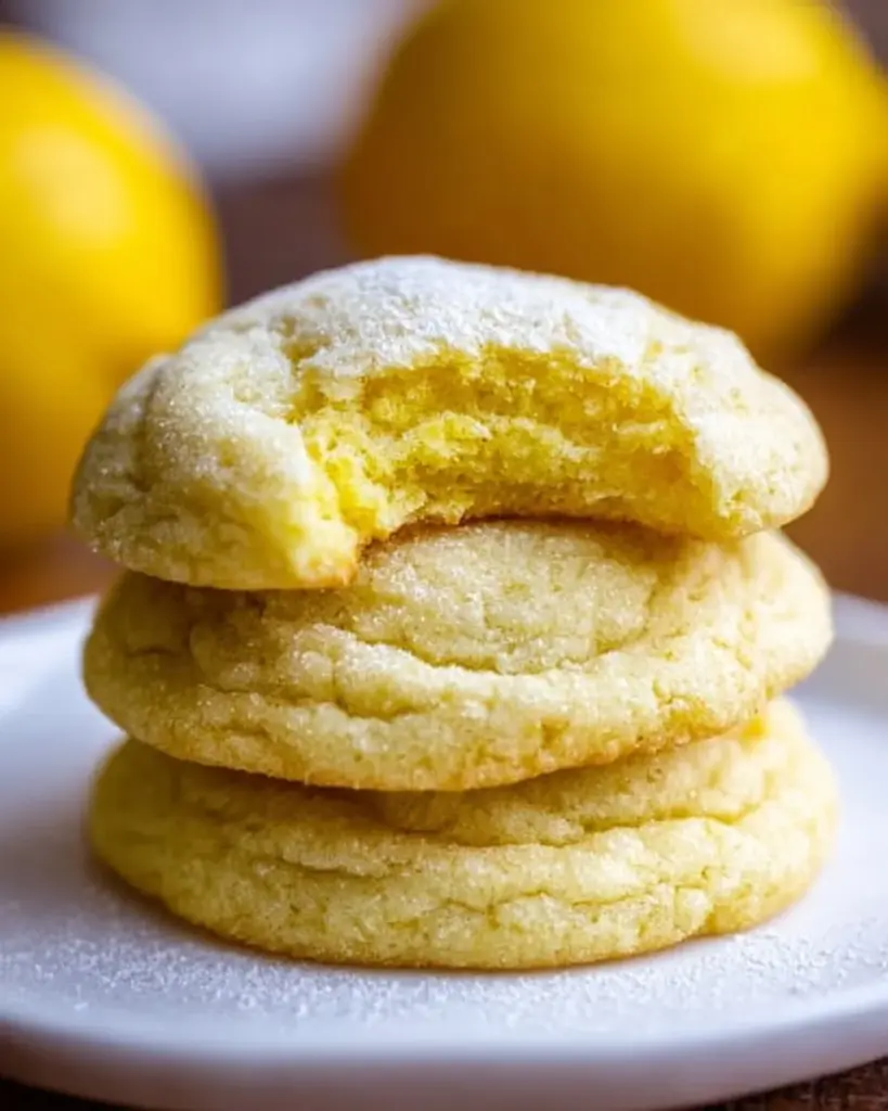 Freshly baked lemon sugar cookies on a wooden table
