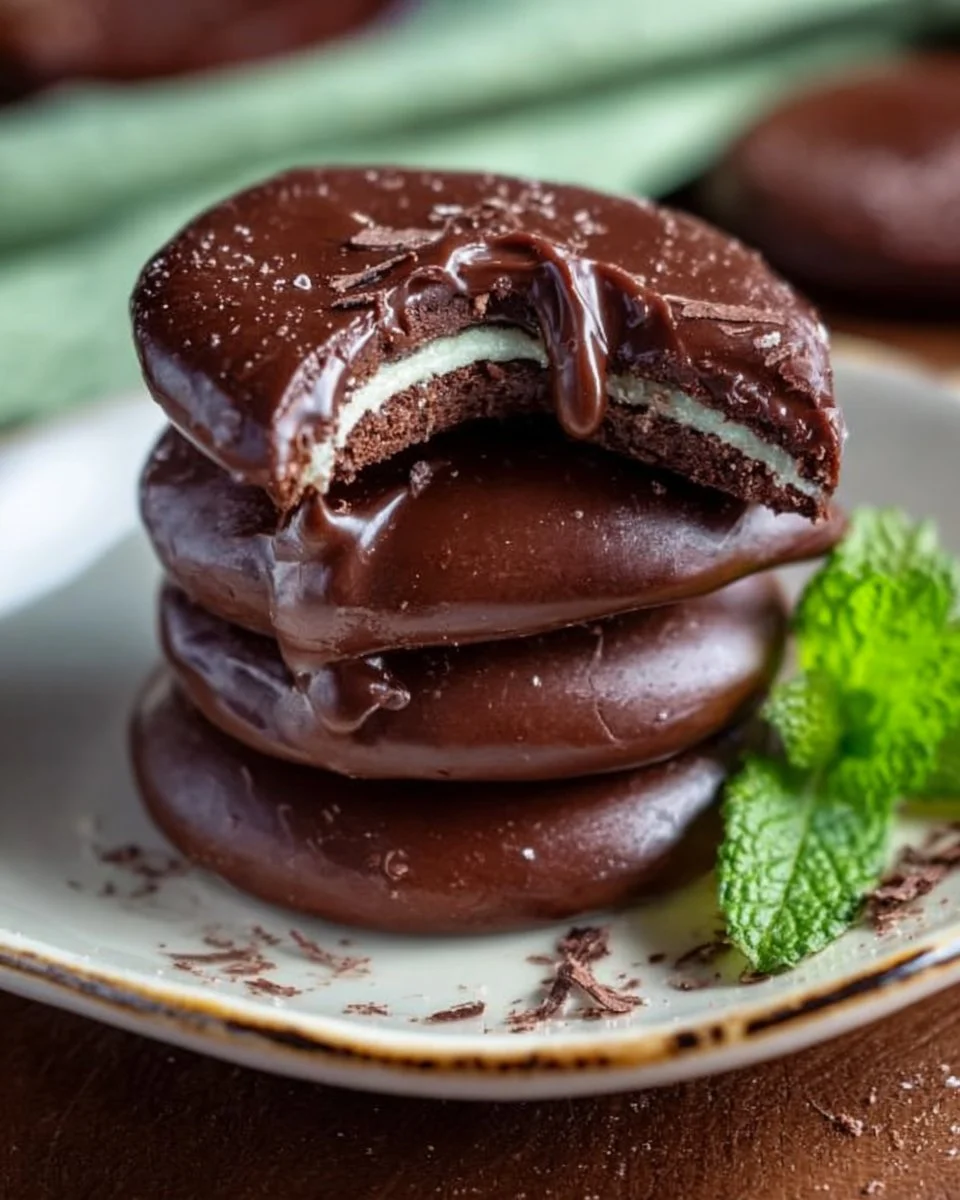 Mint Thins chocolate mint cookies stacked on a plate.