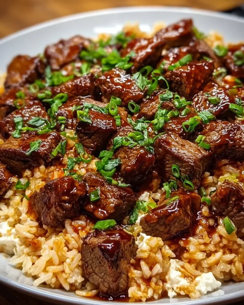 Creamy honey BBQ steak served with rice in a skillet