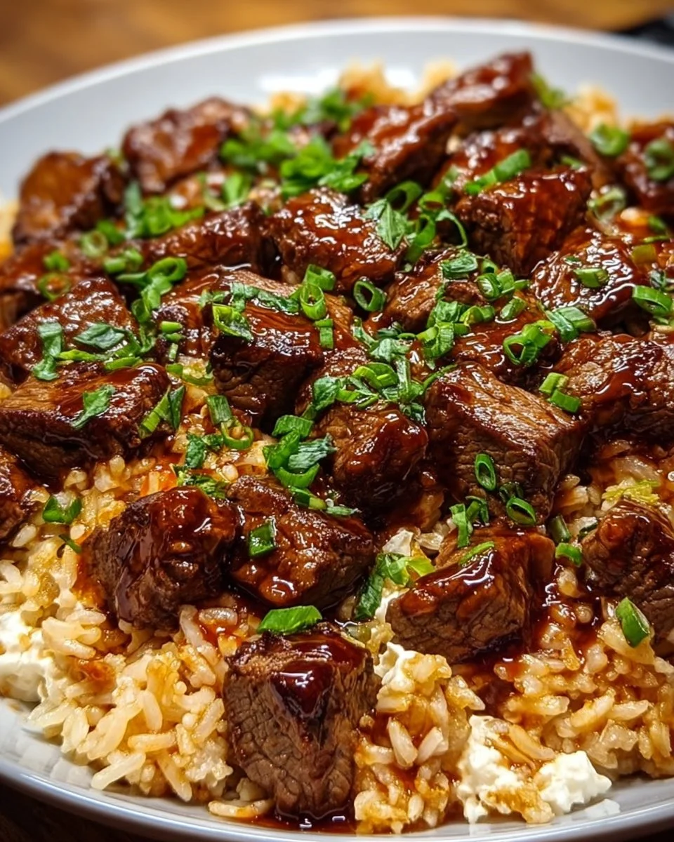Creamy honey BBQ steak served with rice in a skillet