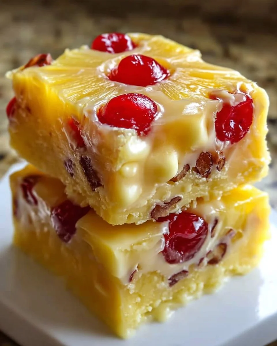 Pineapple Upside Down Cake Fudge topped with cherries and pineapple slices