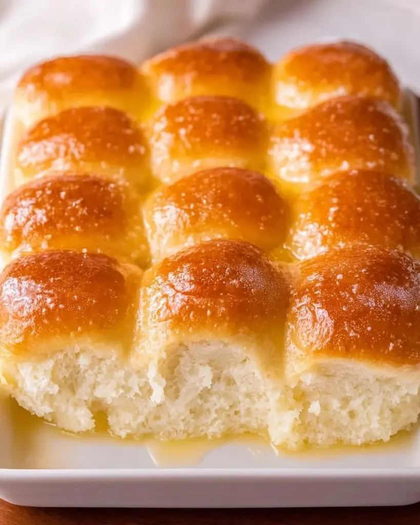 Homemade Potato Dinner Rolls on a wooden table with butter