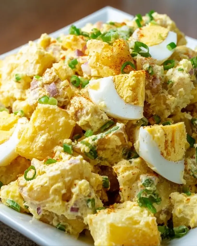 Delicious homemade potato salad served in a bowl with fresh herbs and spices