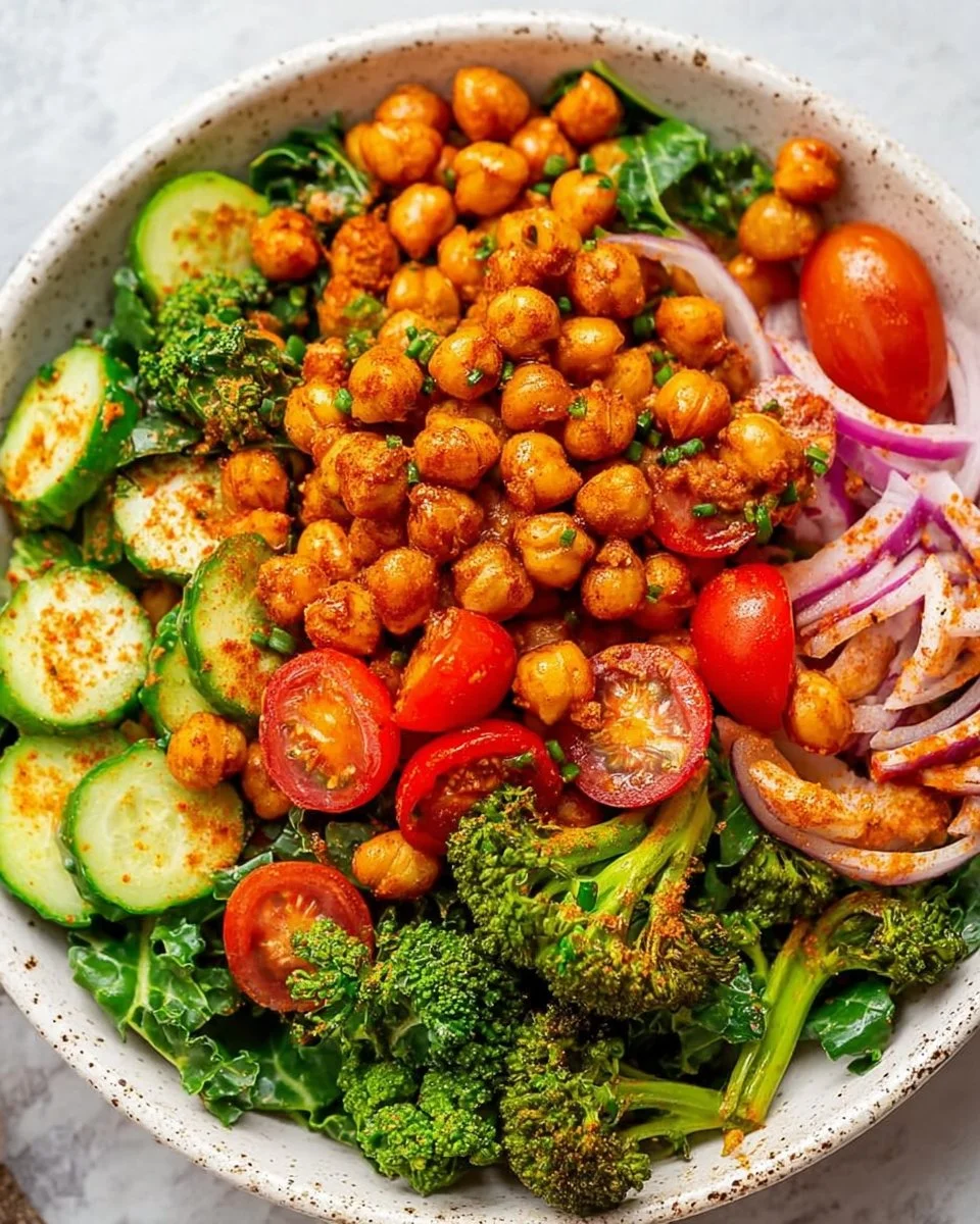 Delicious roasted chickpea salad with fresh vegetables and herbs