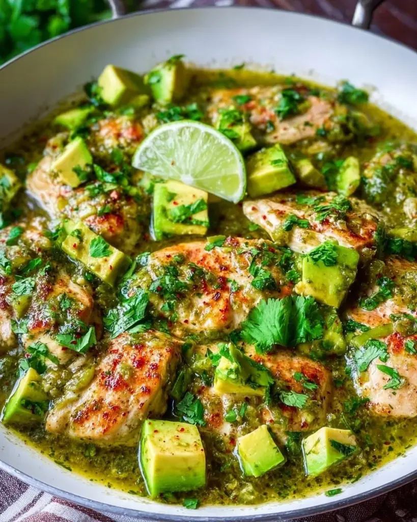 A flavorful Salsa Verde Chicken Skillet served in a cast iron pan.