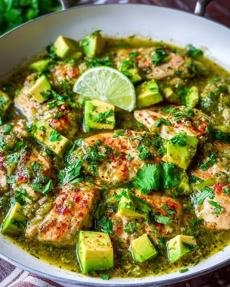 A flavorful Salsa Verde Chicken Skillet served in a cast iron pan.