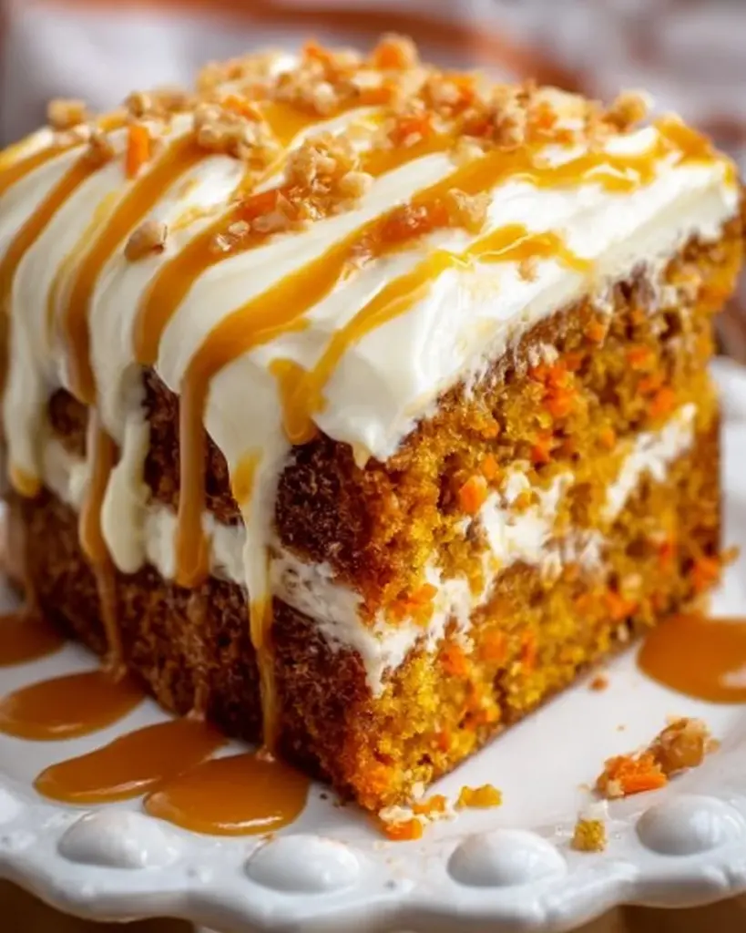 Salted Caramel Carrot Cake topped with salted caramel drizzle and walnuts