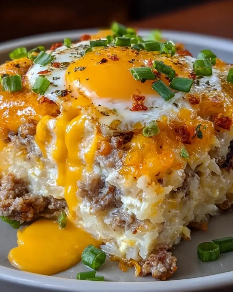 Sausage, egg, and cream cheese hashbrown casserole baked to perfection