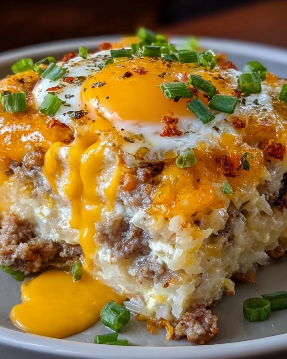 Sausage, egg, and cream cheese hashbrown casserole baked to perfection