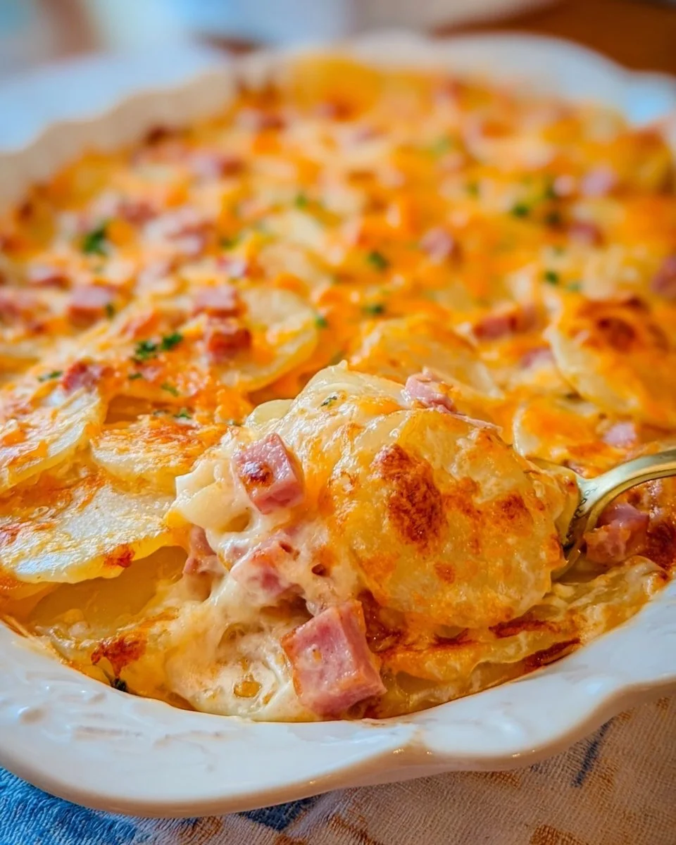 Creamy scalloped potatoes layered with ham and cheese in a baking dish