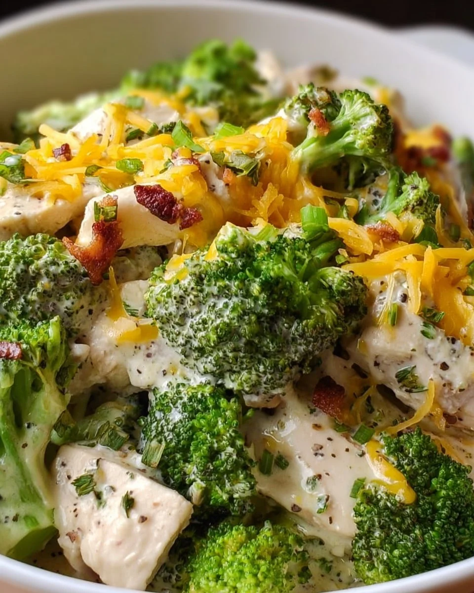 Slow-Cooker Loaded Broccoli Chicken dish served in a bowl