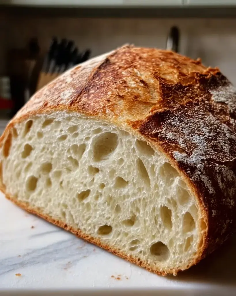 Soft and golden homemade sourdough loaf on a wooden cutting board