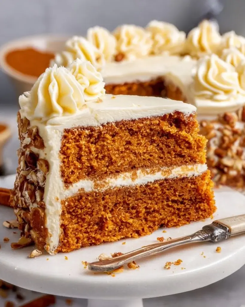 Delicious spice cake with cream cheese frosting on a decorative plate.