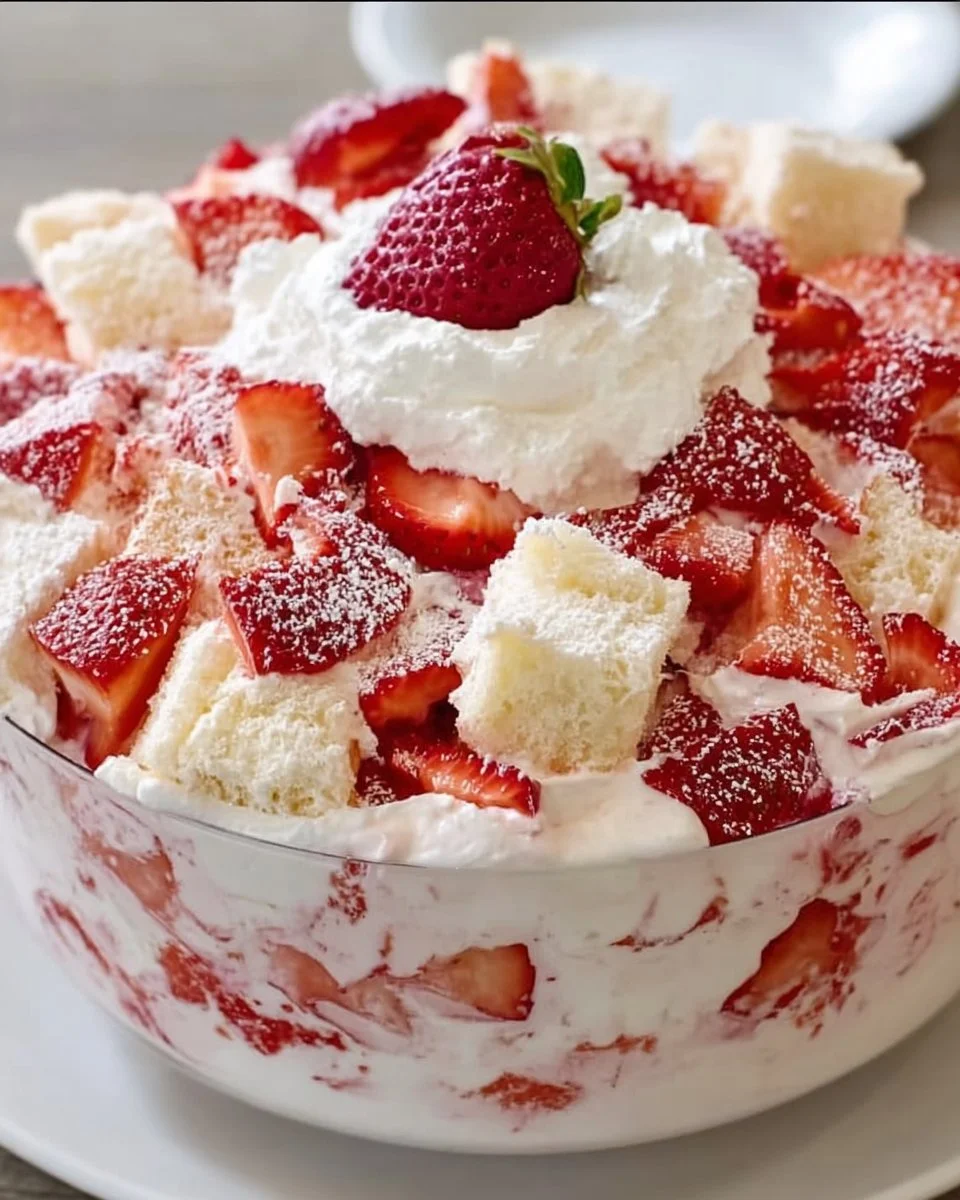 Delicious Strawberry Shortcake Fluff Salad in a serving bowl