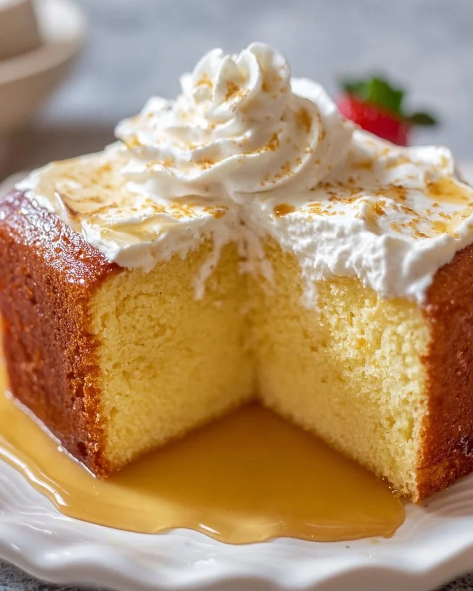 Delicious Three Milk Cake topped with whipped cream and strawberries