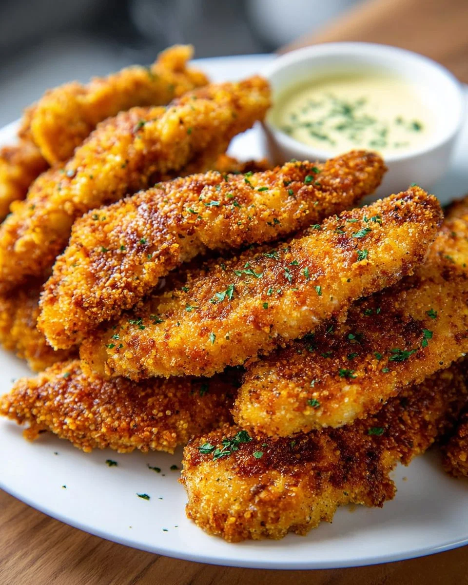 Delicious baked chicken tenders served on a plate with dipping sauce