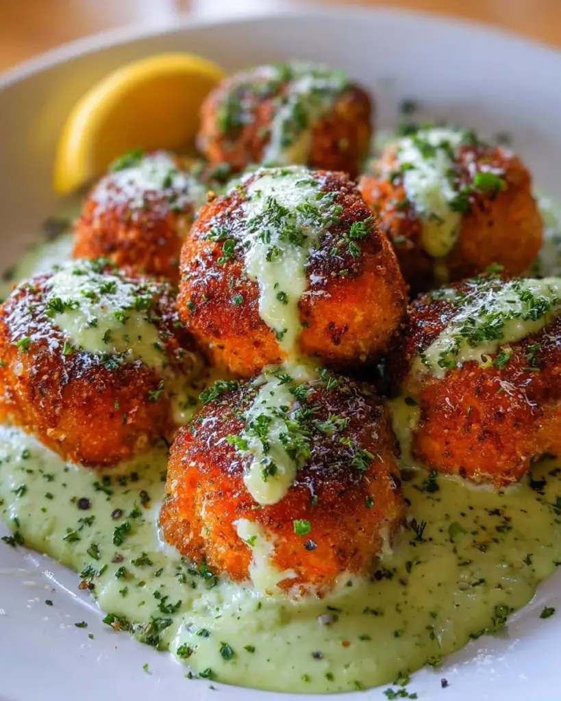 Baked salmon meatballs topped with avocado sauce on a plate