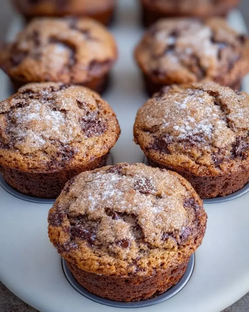 Freshly baked banana chocolate chip muffins on a cooling rack.