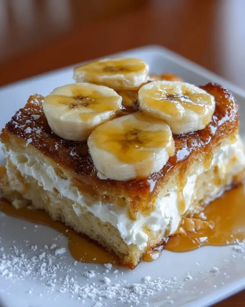 Delicious banana cream cheese cobbler dessert served in a dish.