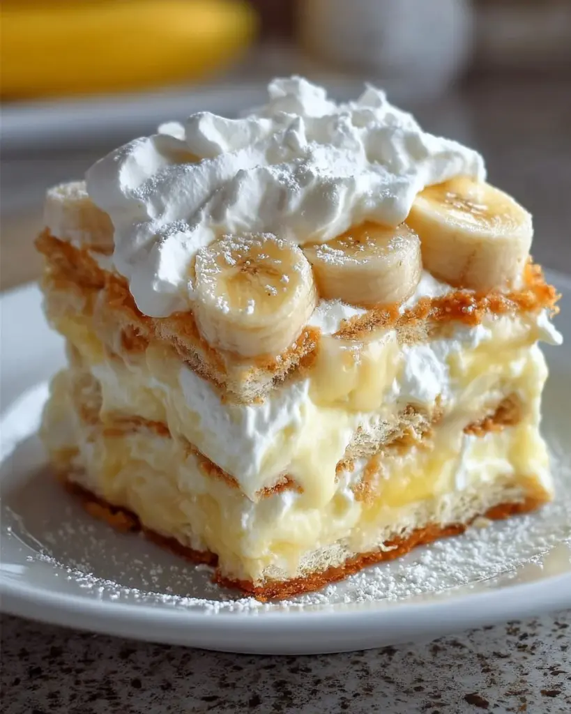 Layers of banana pudding lasagna topped with whipped cream and banana slices