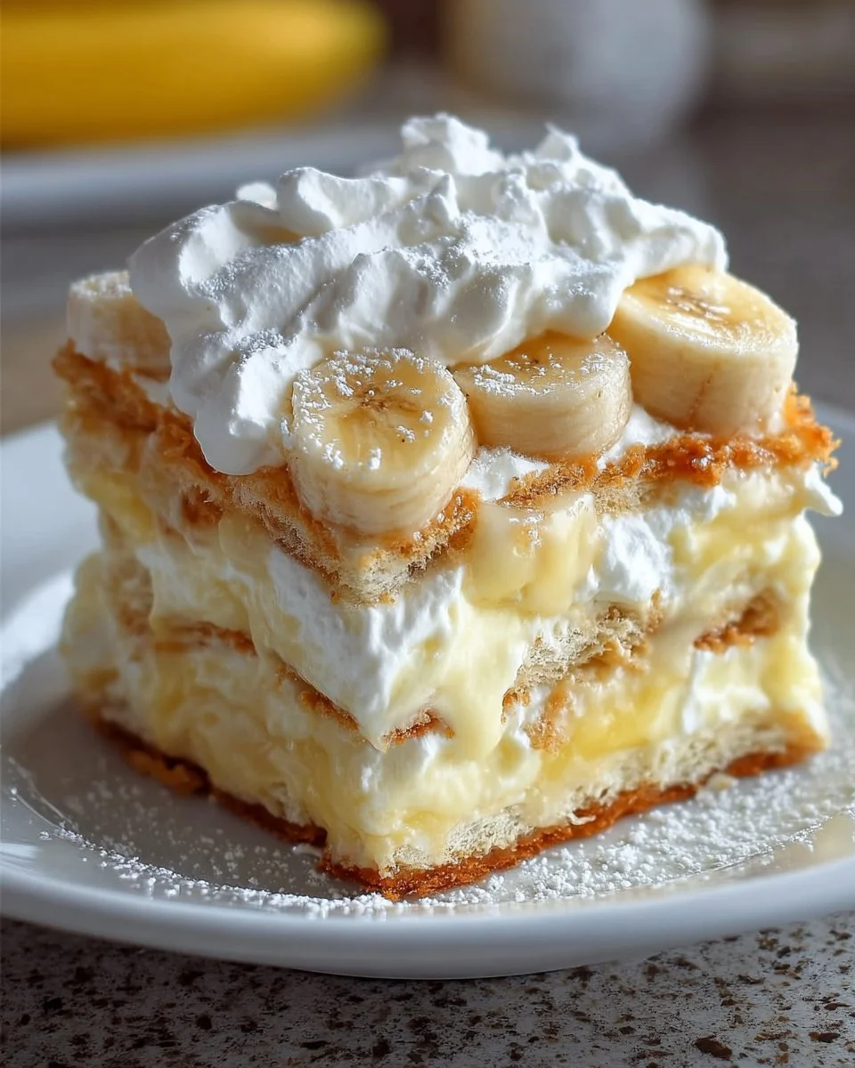 Layers of banana pudding lasagna topped with whipped cream and banana slices