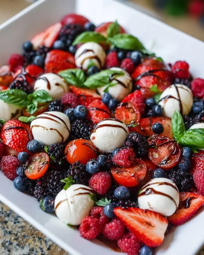 A vibrant Berry Caprese Salad featuring fresh berries, mozzarella cheese, and basil.