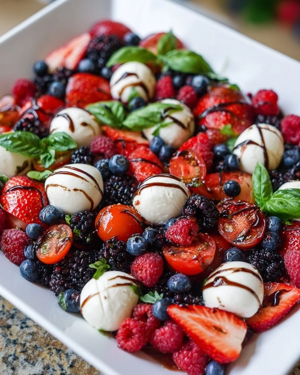 A vibrant Berry Caprese Salad featuring fresh berries, mozzarella cheese, and basil.