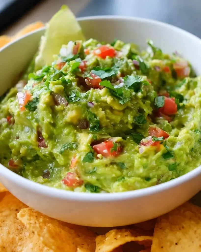 A bowl of the best guacamole dip with fresh ingredients and tortilla chips